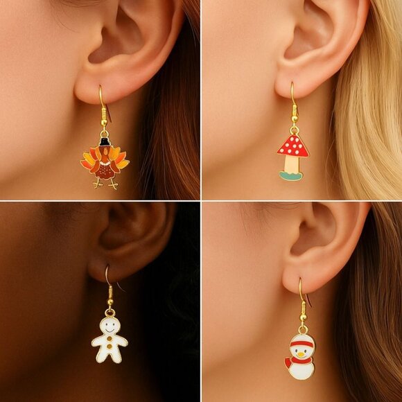 Fall and Winter Earring Set of 4 Dangle Turkey Mushroom Snowman and Gingerbread - Picture 8 of 9